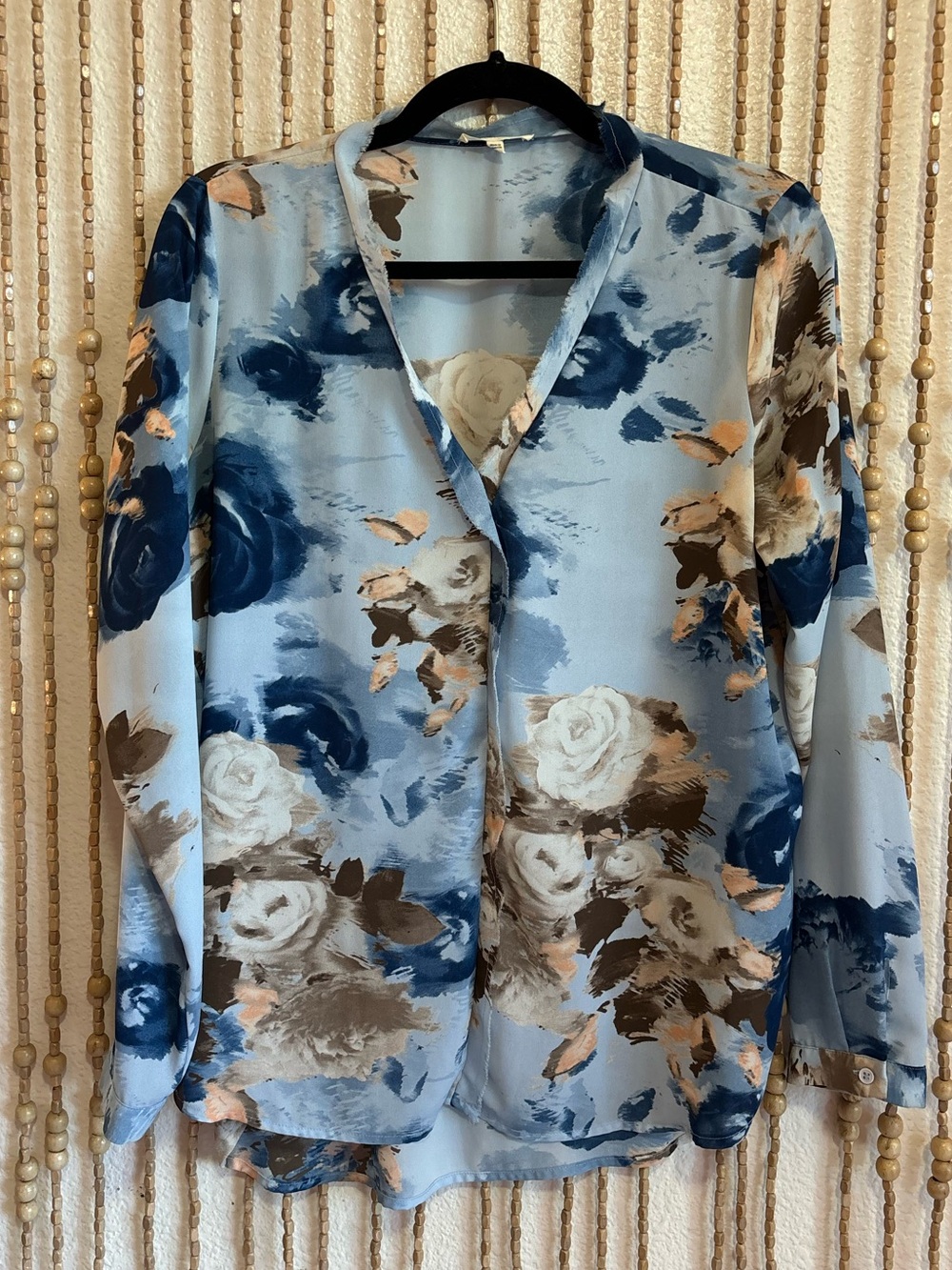 Pleione Light Blue Cream Vintage Rose Floral Business Casual Long Sleeve Blouse